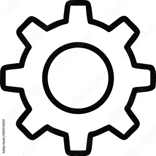 A simple black and white illustration displays a single gear icon representing mechanics engineering or settings high quality professional detailed modern elegant stylish clean crisp vibrant