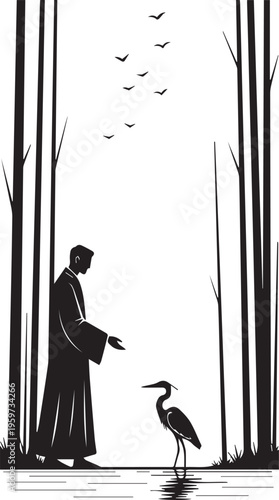 Peaceful monk silhouette feeding heron bird in bamboo forest landscape with birds flying in sky and water reflection on ground
