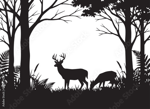 Deer family silhouette with buck and doe grazing in a forest clearing at dusk vector illustration