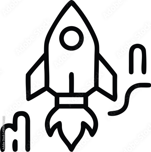 A simple black and white line drawing depicts a rocket ship in flight propelled upwards by flames and smoke trails high quality professional detailed modern elegant