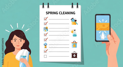 A woman holding a cleaning spray and a checklist for spring cleaning next to a hand holding a smartphone with a money transfer on the screen.