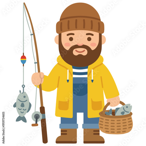 Cute cartoon fisherman holding fishing rod and basket with fish, smiling bearded angler character in simple flat style. Vector illustration.