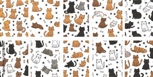 Cute cats seamless pattern set with different breeds poses and colors, adorable kitten doodle background collection for textile and wrapping design