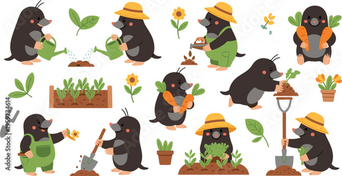 Cute mole gardening activities set with planting watering harvesting vegetables, adorable cartoon animal farmer flat vector illustration collection