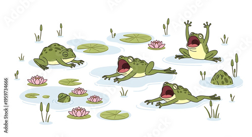 A colorful vector illustration of four frogs sitting on lily pads in a pond with water lilies and cattails