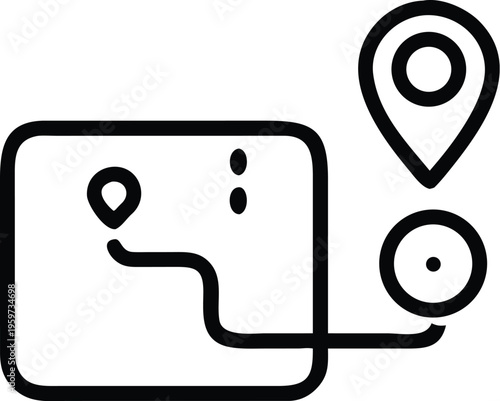 A simple black and white line drawing depicts a map with location pins representing navigation and geospatial data high quality professional detailed modern elegant stylish clean
