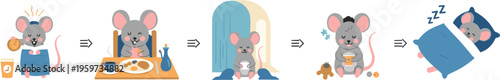 Cute mouse daily routine sequence from waking eating resting and sleeping, adorable cartoon animal life cycle flat vector illustration