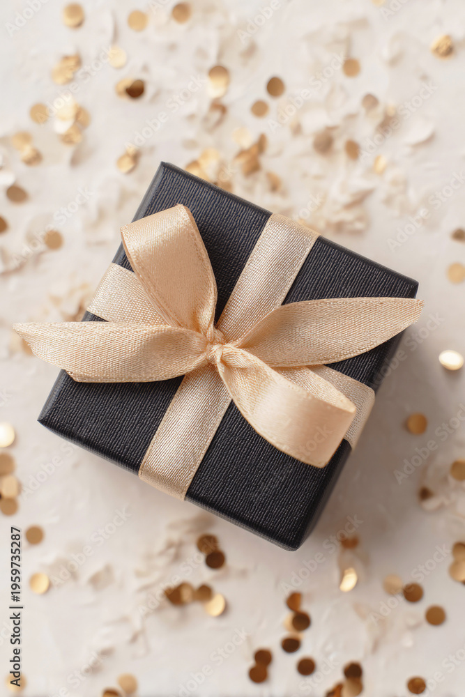 Fototapeta premium Elegant black gift box with gold satin ribbon surrounded by festive golden confetti on a textured cream background, perfect for celebrations or luxury occasions.