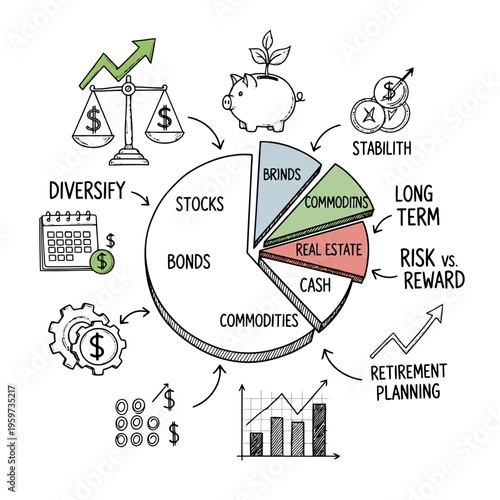 Visual representation of a diversified financial investment portfolio, showcasing asset allocation, risk management, and the planning steps essential for long-term wealth growth
