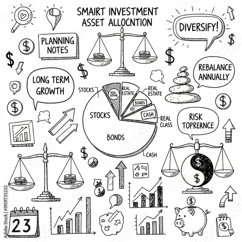 Diverse hand-sketched financial elements for strategic investment, wealth management, and long-term economic growth planning