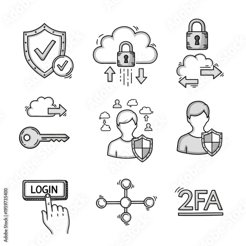 Security and Access Icons Lock, Key, Cloud, Shield, Login, 2FA, and Network Symbols