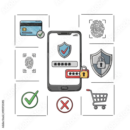 Comprehensive digital security concept illustrating a smartphone with password protection, biometric authentication, and online transaction safety measures for data privacy and cybersecurity