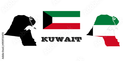 Kuwait Map and Flag Vector Set, Kuwait Silhouette with National Flag Design