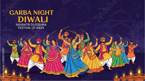 Women dancing Garba during Diwali Festival in India at Night
