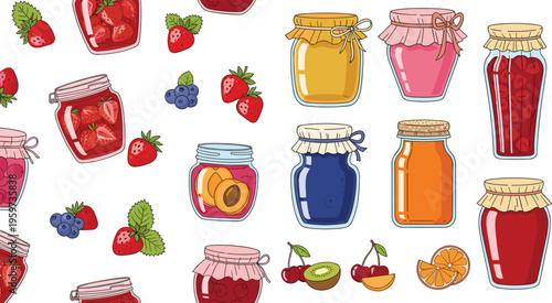 Fruit jam jars and berries seamless pattern with strawberries cherries and preserves, sweet homemade food flat vector illustration collection for packaging design