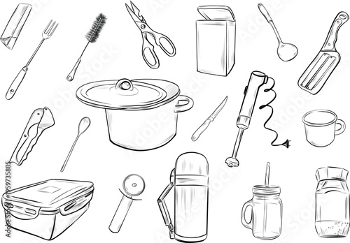 Kitchen set with saucepan thermos utensils and containers vector