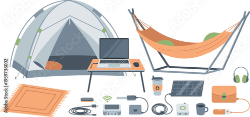 Modern camping setup with tent hammock laptop and portable electronics, digital nomad outdoor workspace flat vector illustration