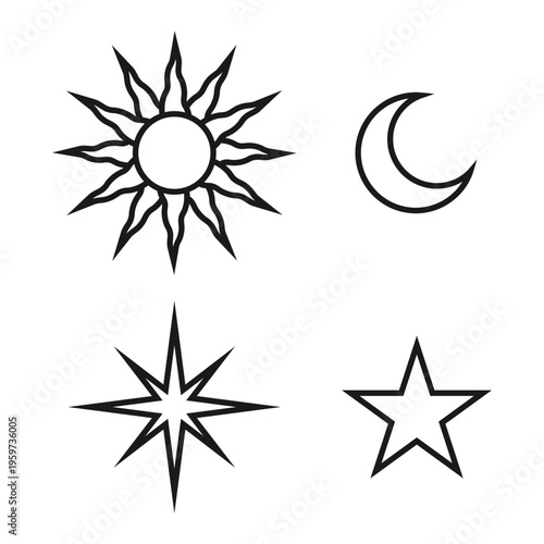 Sun, moon and star symbol collection. Artistic astronomy and astrology signs. Icon set. Vector illustration image.