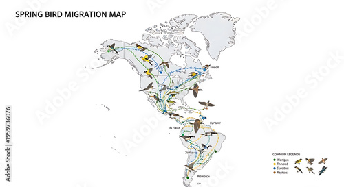 A colorful vector graphic illustration of a spring bird migration map across North and South America