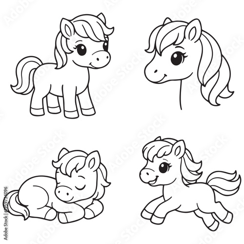 Four cartoon ponies in different poses black and white outline pony horse animal cute