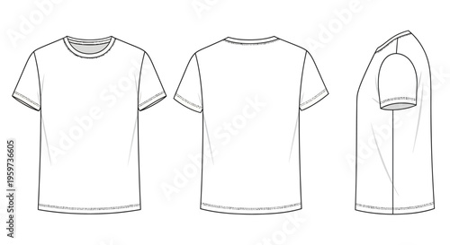 Set of white t-shirt outlines from front, back, and side views for fashion design and apparel mockups