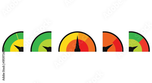 Set of vibrant gauge icons illustrating different measurement levels, from optimal to critical, perfect for representing performance metrics, risk, and status in digital dashboards and infographics