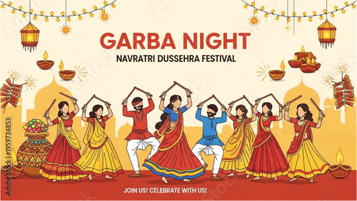 Women dancing Garba during Navratri Festival celebration at night