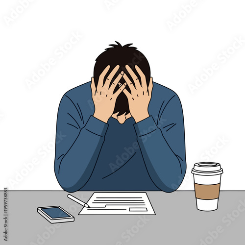 Distressed Young Man Overwhelmed by Work or Personal Issues, Feeling Stress and Anxiety at His Desk with Documents and Coffee