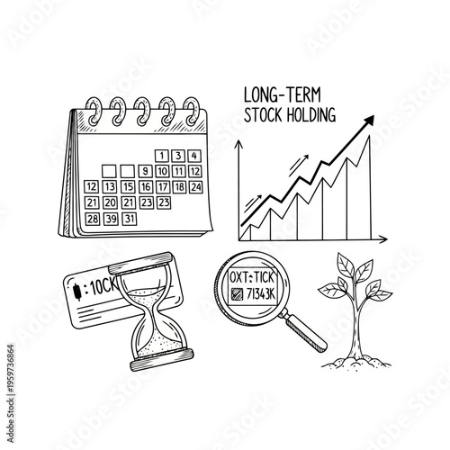 Long-term stock holding illustration featuring calendar, hourglass, graph, and small plant, symbolizing investment growth and time