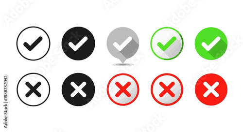 Modern collection of diverse checkmark and cross icons, featuring flat, solid, and outlined styles for clear indication of success, approval, error, or denial in web interfaces