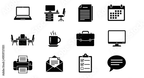 A comprehensive collection of black and white vector icons representing essential office, business, and communication tools, perfect for digital projects and corporate branding