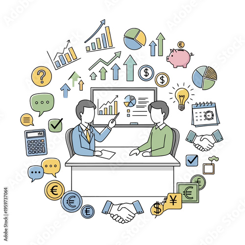 Business meeting and financial strategy planning with charts, graphs, currency symbols, and icons depicting teamwork and success