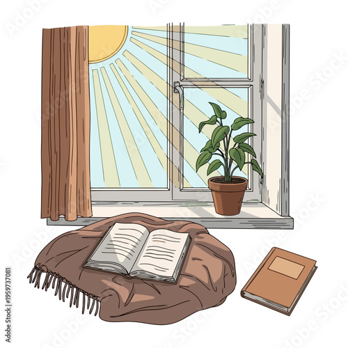 Cozy sunlit window nook with a comfortable blanket and open book, inviting quiet moments of relaxation, reading, and thoughtful contemplation at home