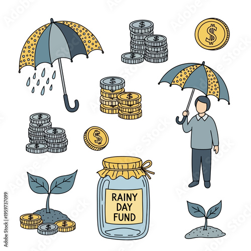 Hand-drawn illustrations depicting financial planning, saving money for a rainy day fund, and future investment for security and stability