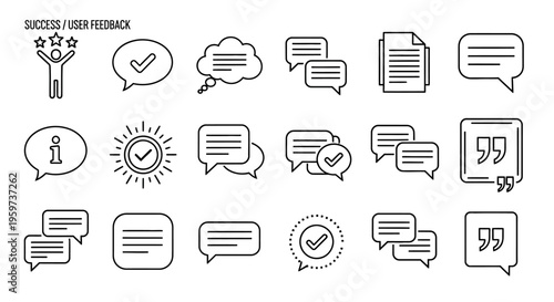 Modern Line Art Icons for Success, User Feedback, and Communication. Essential Outline Symbols for Achievement, Messaging, and Business Concepts in Digital Interfaces