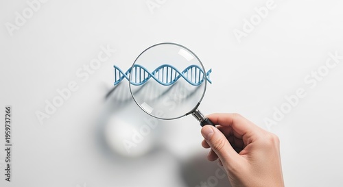 Hand holding magnifying glass over blue d n a strand on white background