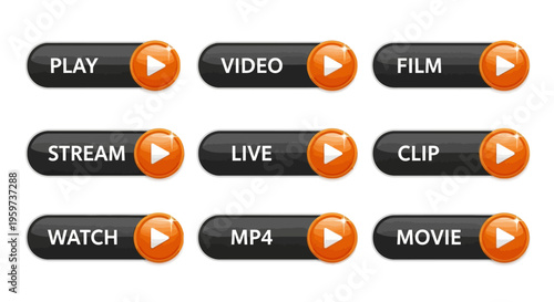 Collection of nine digital media buttons with play icons on a black background, suitable for video and media player interfaces