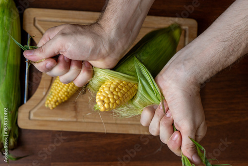 Schilderij op canvas Male hands holding and shucking  fresh corn on the cob on a wooden table