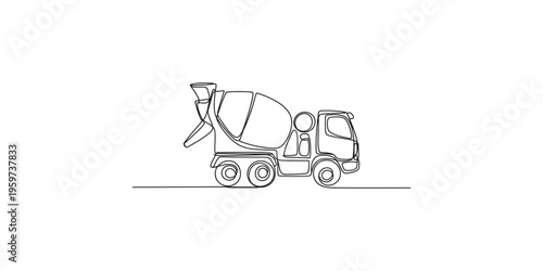 Continuous line drawing of a cement mixer truck on a white background concrete construction vehicle