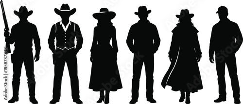 Set of cowboy and cowgirl silhouettes featuring western outlaws, sheriffs, and rancher characters with hats and boots for wild west themed designs