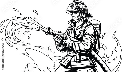 Firefighter in action spraying water from a hose to extinguish flames