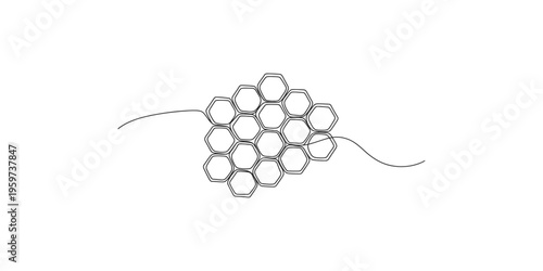 Black line drawing of a honeycomb with a single thread weaving through it hexagonal cells