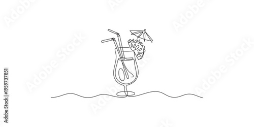 Continuous line drawing of cocktail glass with umbrella and straw on white background drinks beverage