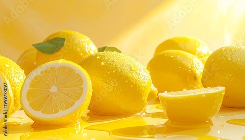 Fresh Lemons on Bright Yellow Background.