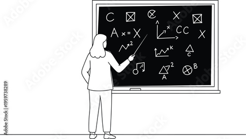 Teacher explaining math concepts on a blackboard with equations and symbols