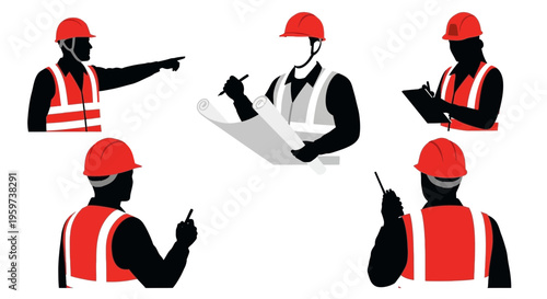 Construction workers in various poses.