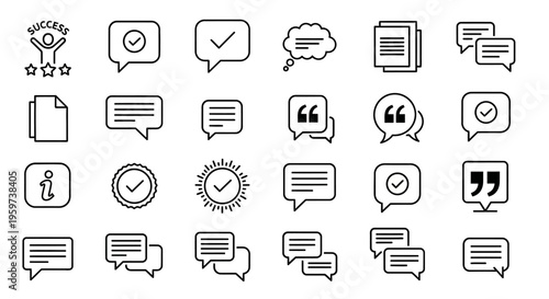 Comprehensive vector icon set for digital communication, business feedback, achievement, and information verification across web and mobile interfaces