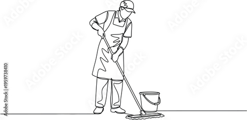 Man wearing an apron and hat is cleaning with a mop