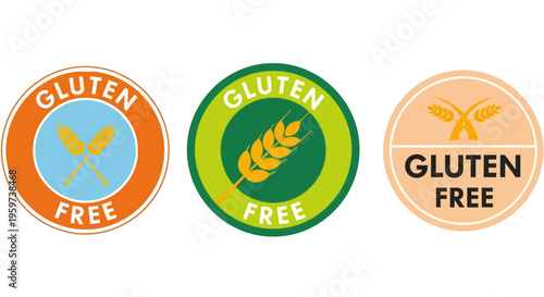 Diverse collection of gluten-free product labels and badges, featuring various grain illustrations and color schemes, ideal for food packaging and dietary differentiation