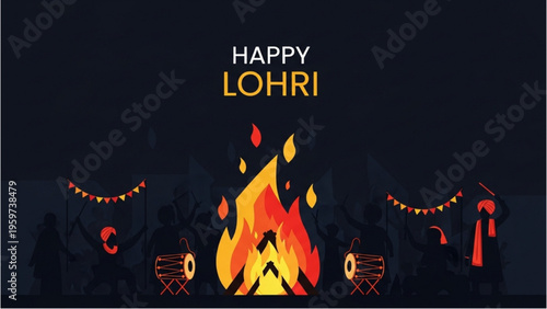 People celebrate Lohri festival with fire and decorations at night